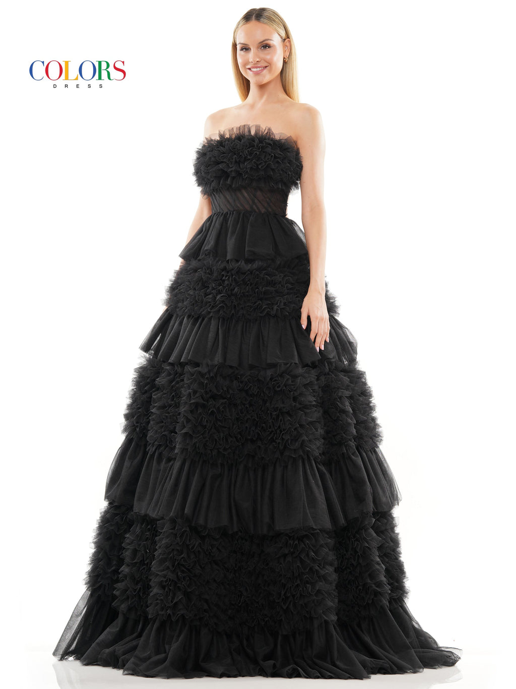 Colors 3185 Long Strapless Tiered Prom Ball Gown