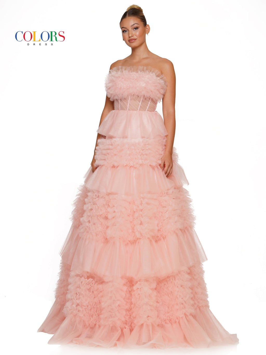 Colors 3185 Long Strapless Tiered Prom Ball Gown