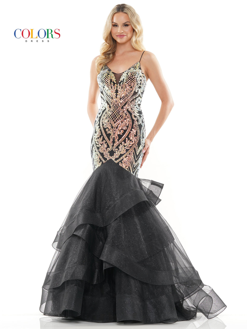 Colors 3200 Long Spaghetti Strap Glitter Mermaid Prom Dress