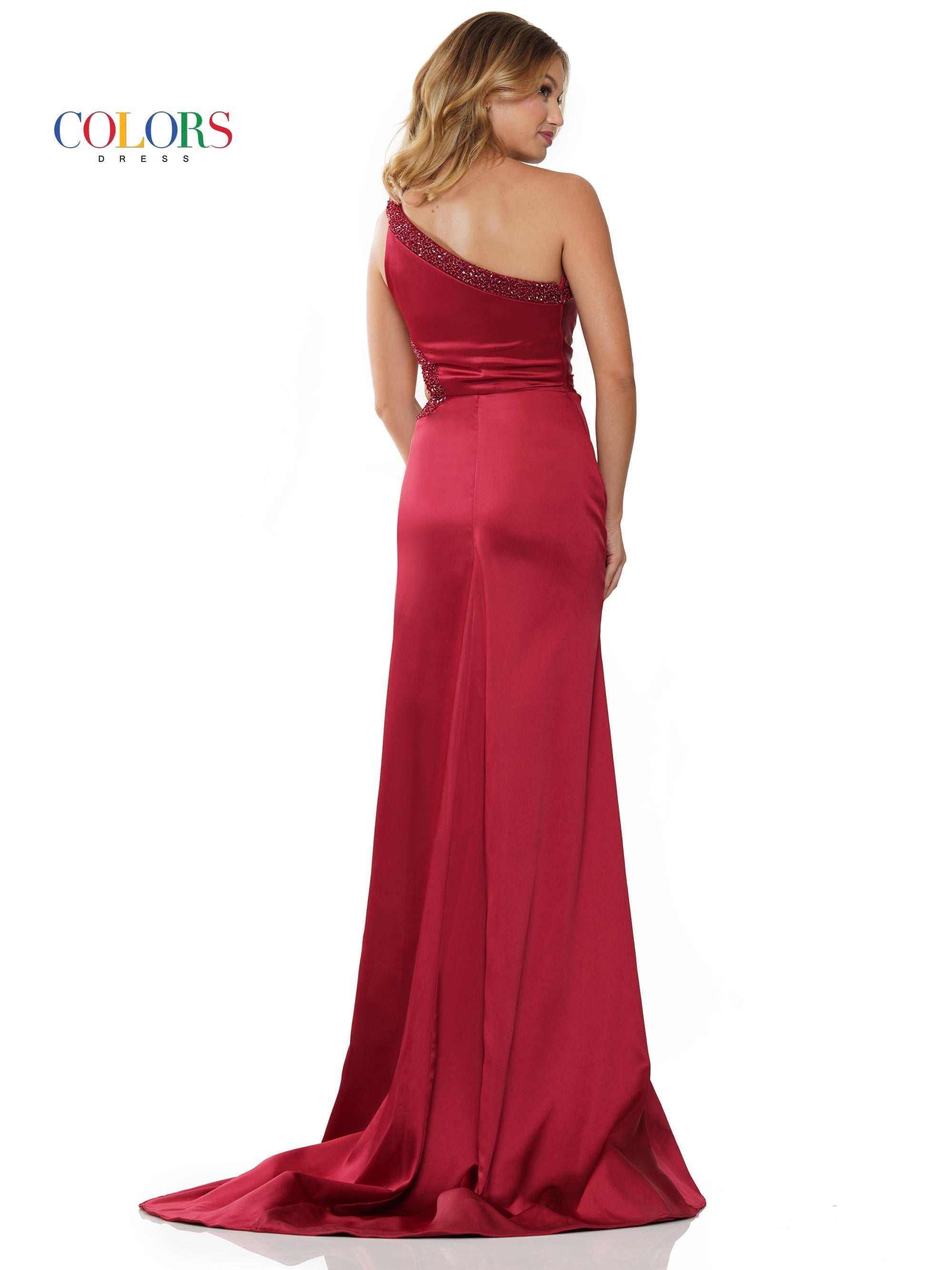 Colors 3222 Long One Shoulder Fitted Satin Prom Dress